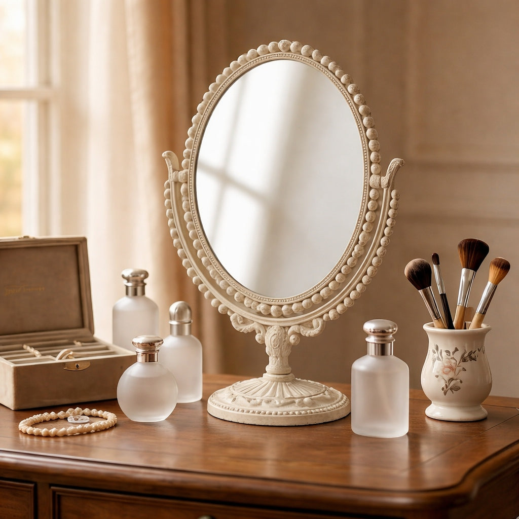 Vintage-Style Oval Vanity Mirror with Ornate Base