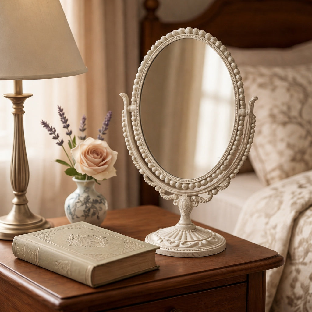 Vintage-Style Oval Vanity Mirror with Ornate Base