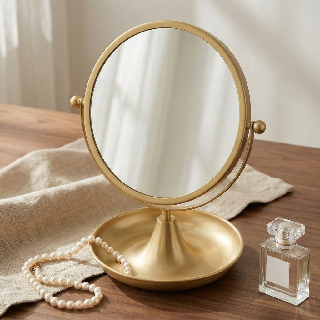 Elegant Gold Finish Vanity Mirror with Tray Base