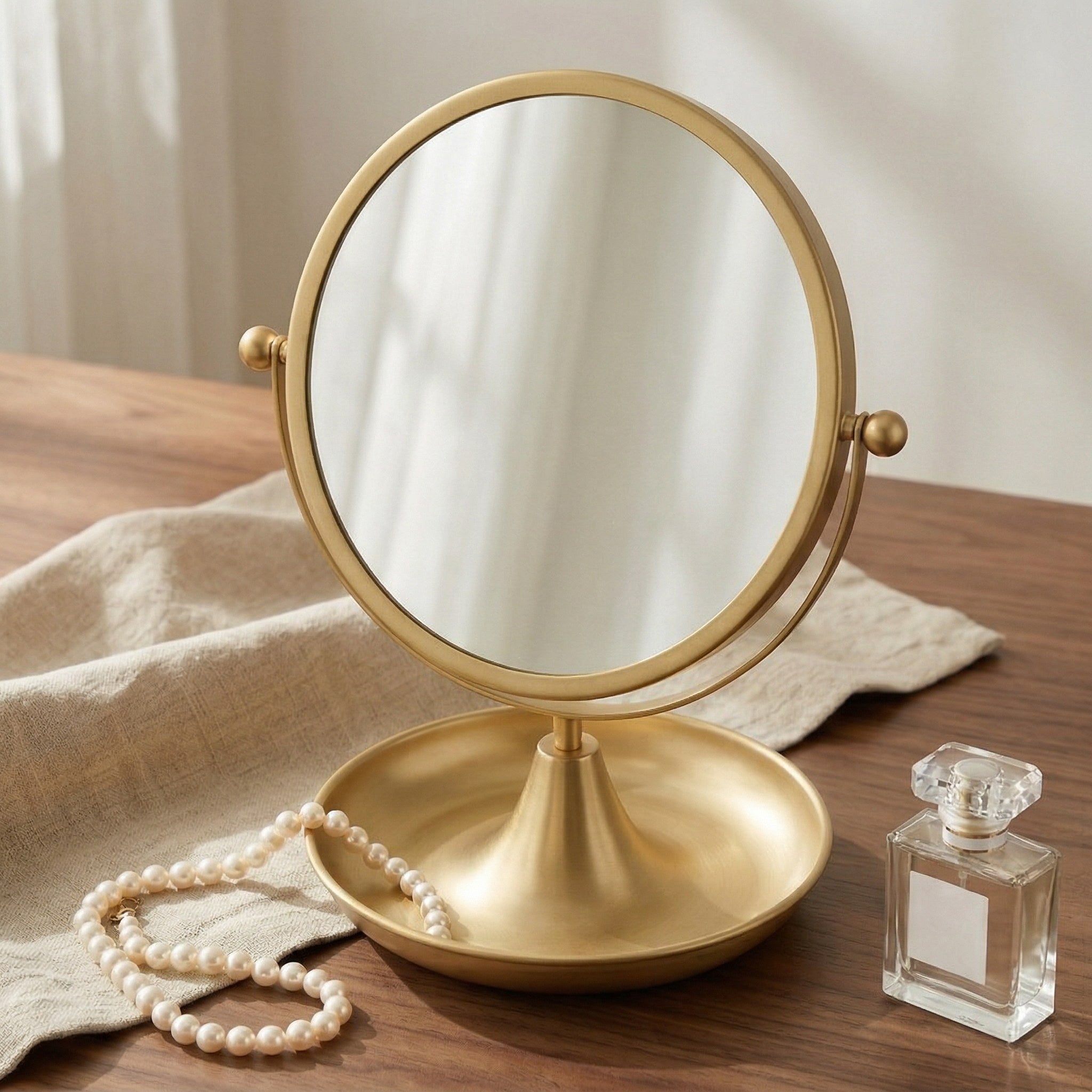 Elegant Gold Finish Vanity Mirror with Tray Base