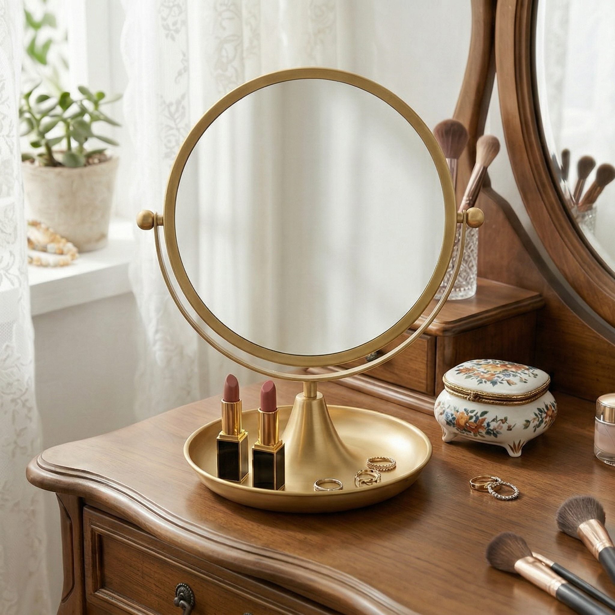 Elegant Gold Finish Vanity Mirror with Tray Base