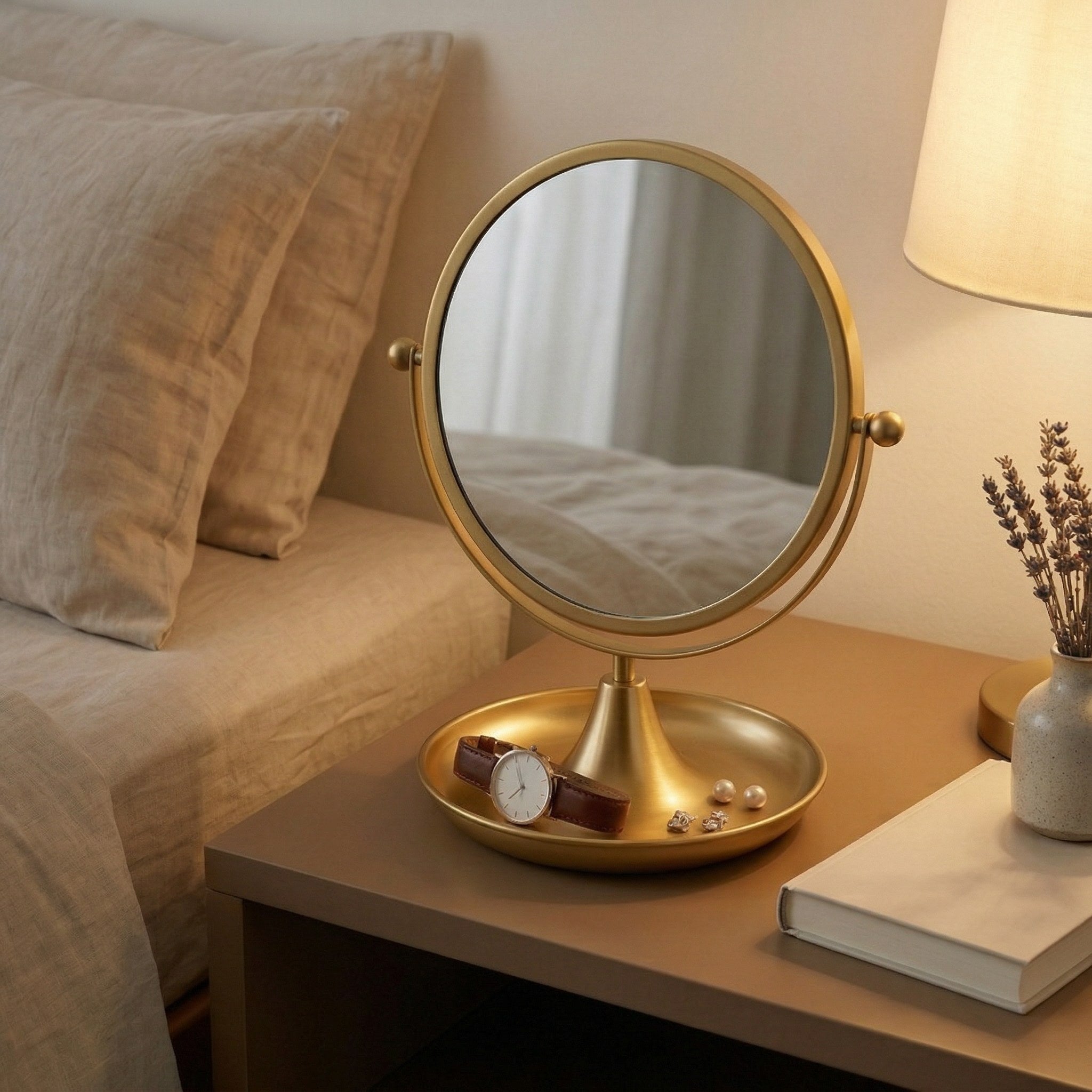 Elegant Gold Finish Vanity Mirror with Tray Base