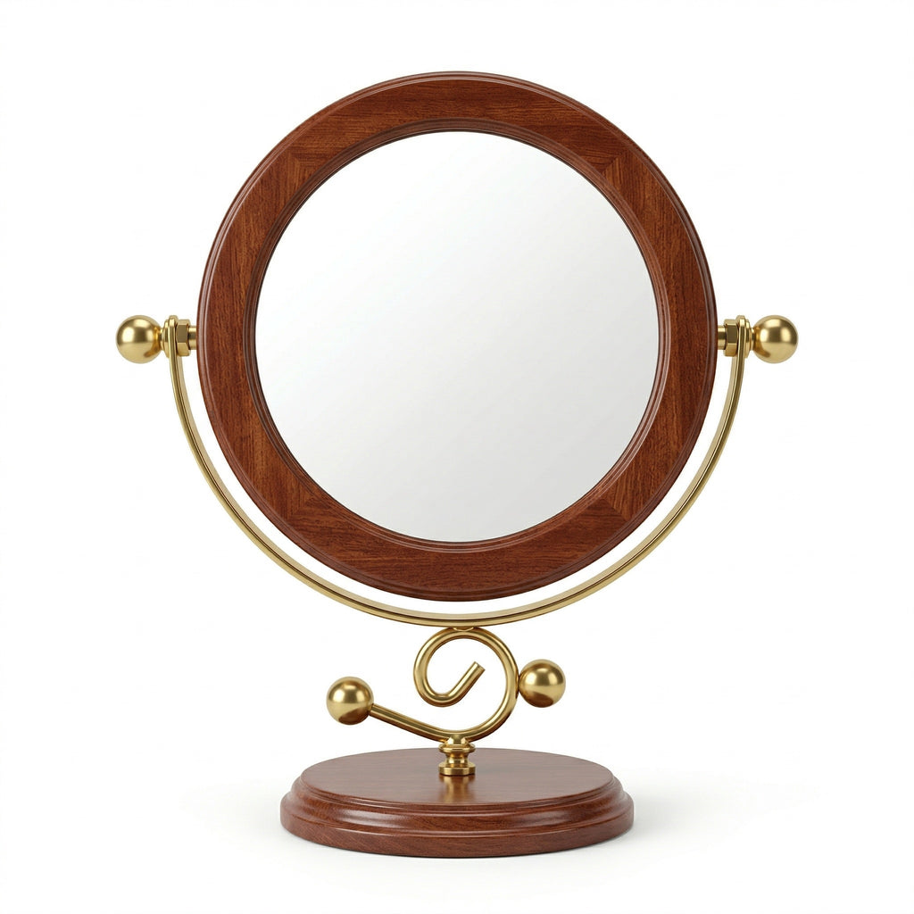 Elegant Wooden Framed Vanity Mirror with Brass Stand