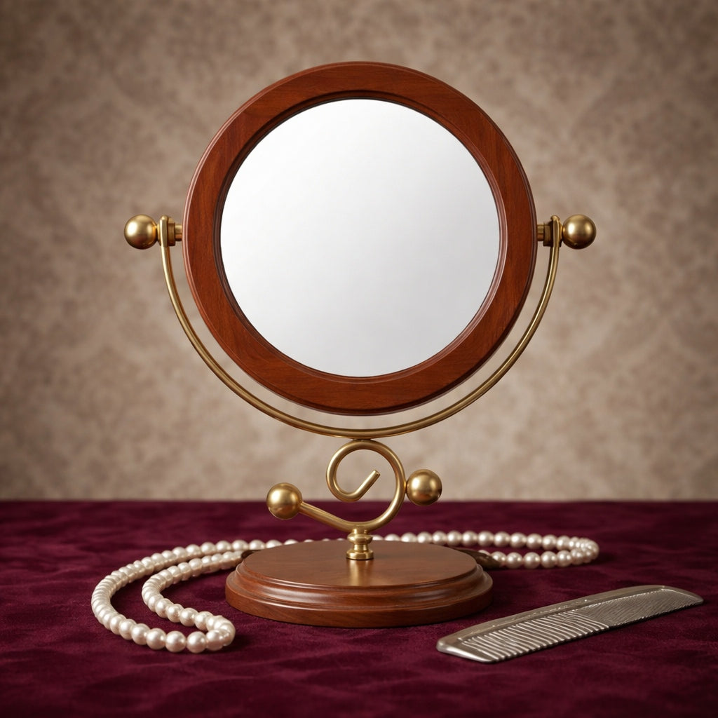 Elegant Wooden Framed Vanity Mirror with Brass Stand