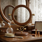 Elegant Wooden Framed Vanity Mirror with Brass Stand