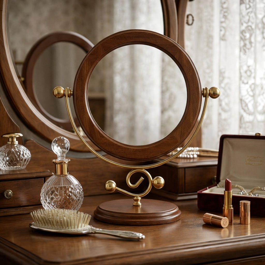 Elegant Wooden Framed Vanity Mirror with Brass Stand