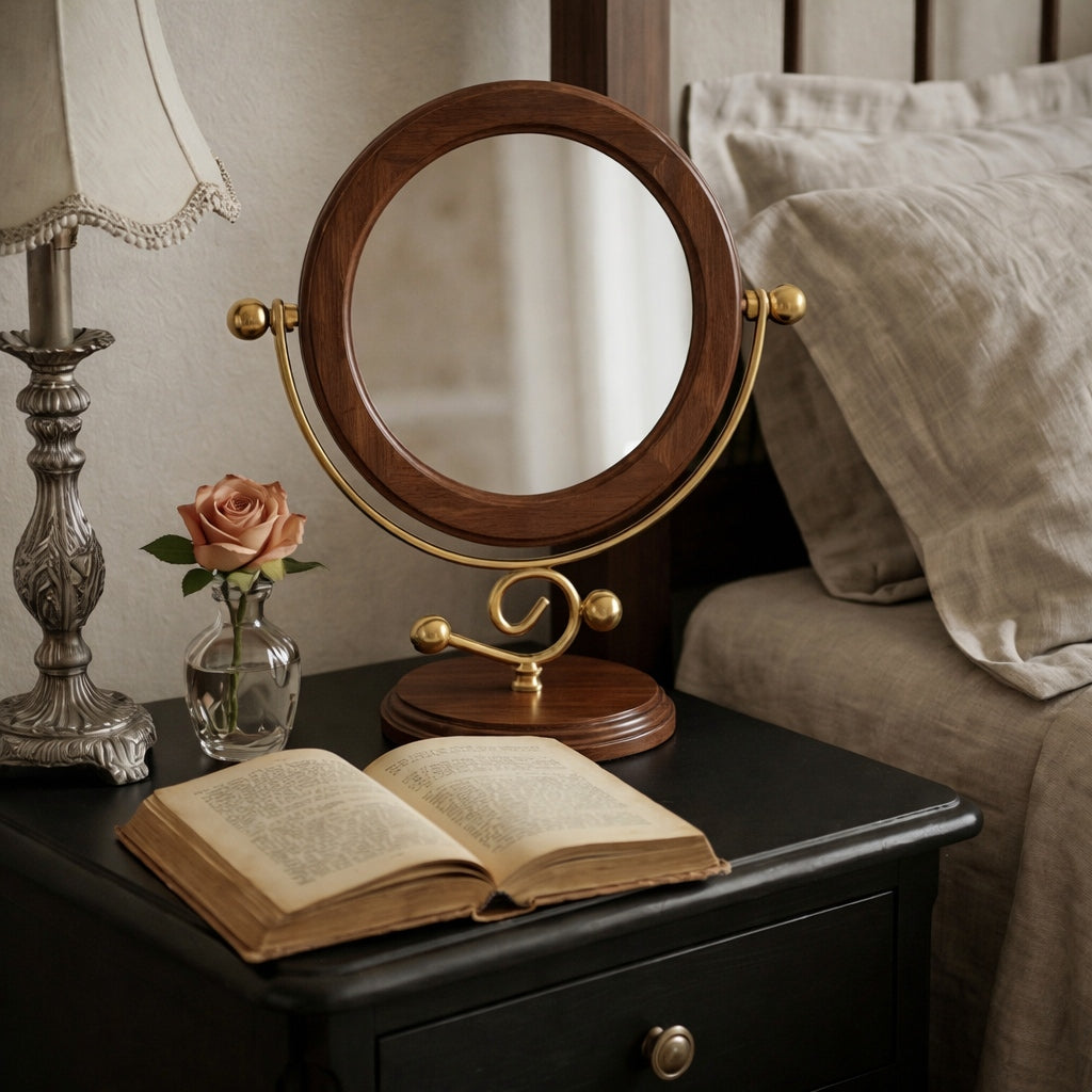 Elegant Wooden Framed Vanity Mirror with Brass Stand