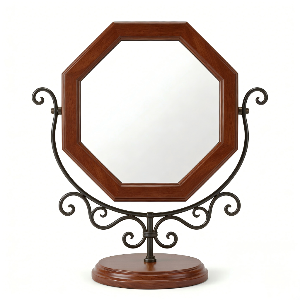 Elegant Octagonal Wooden Vanity Mirror with Curved Metal Stand