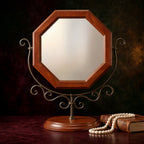 Elegant Octagonal Wooden Vanity Mirror with Curved Metal Stand