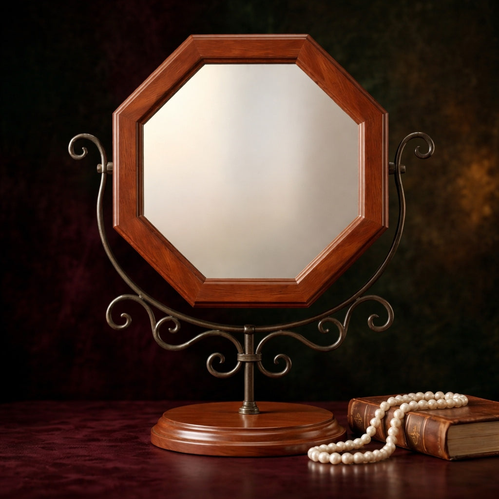 Elegant Octagonal Wooden Vanity Mirror with Curved Metal Stand