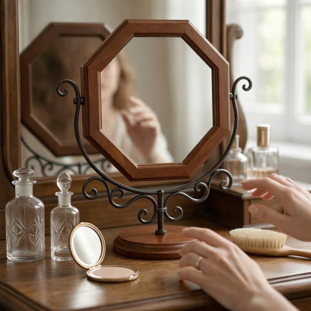 Elegant Octagonal Wooden Vanity Mirror with Curved Metal Stand
