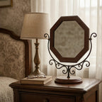 Elegant Octagonal Wooden Vanity Mirror with Curved Metal Stand