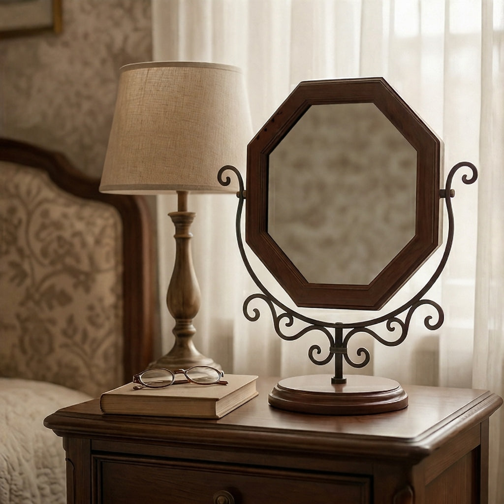 Elegant Octagonal Wooden Vanity Mirror with Curved Metal Stand