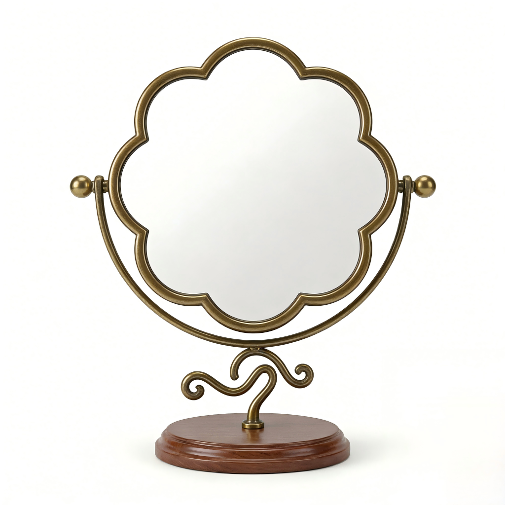 Elegant Clamshell-Shaped Vanity Mirror with Wooden Base