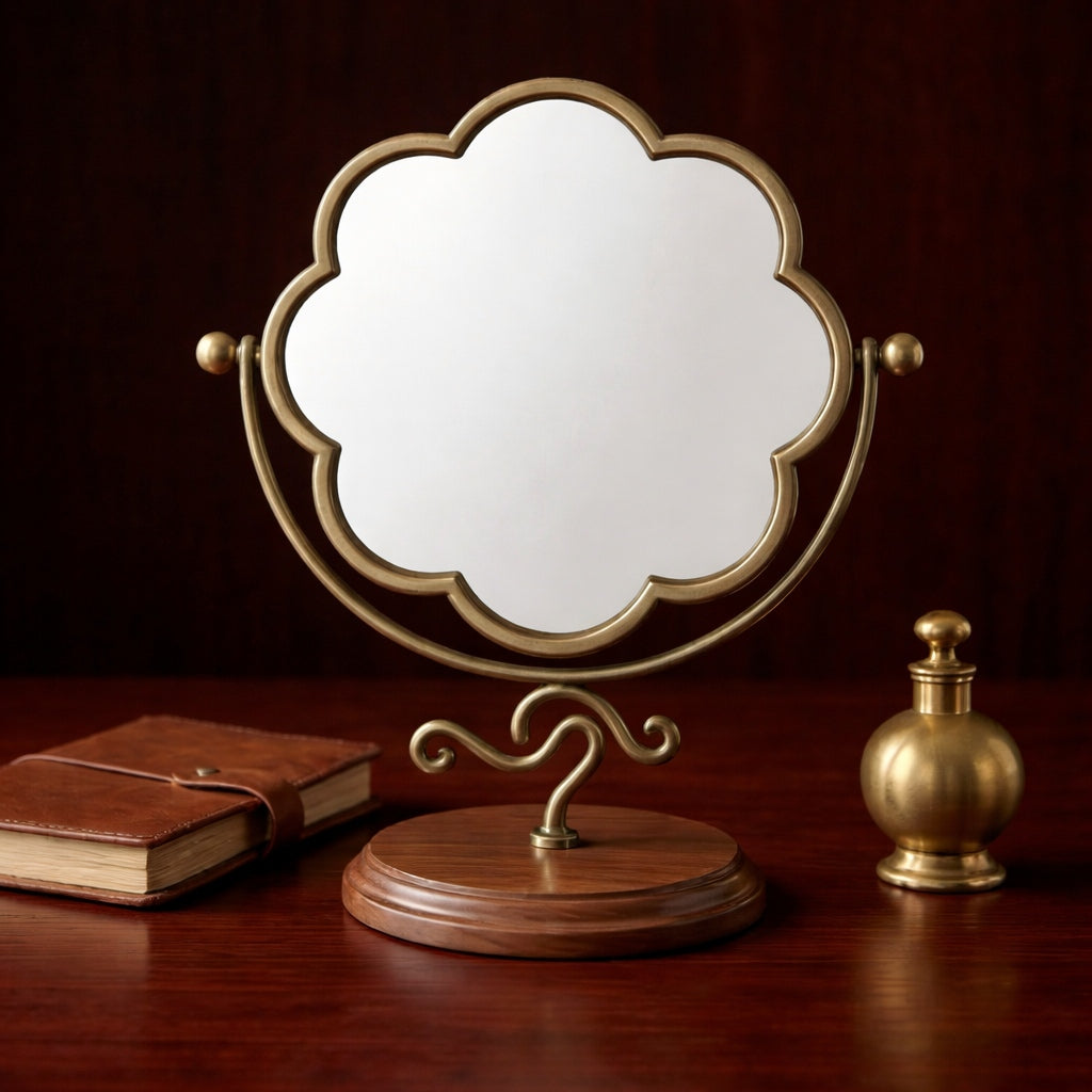 Elegant Clamshell-Shaped Vanity Mirror with Wooden Base