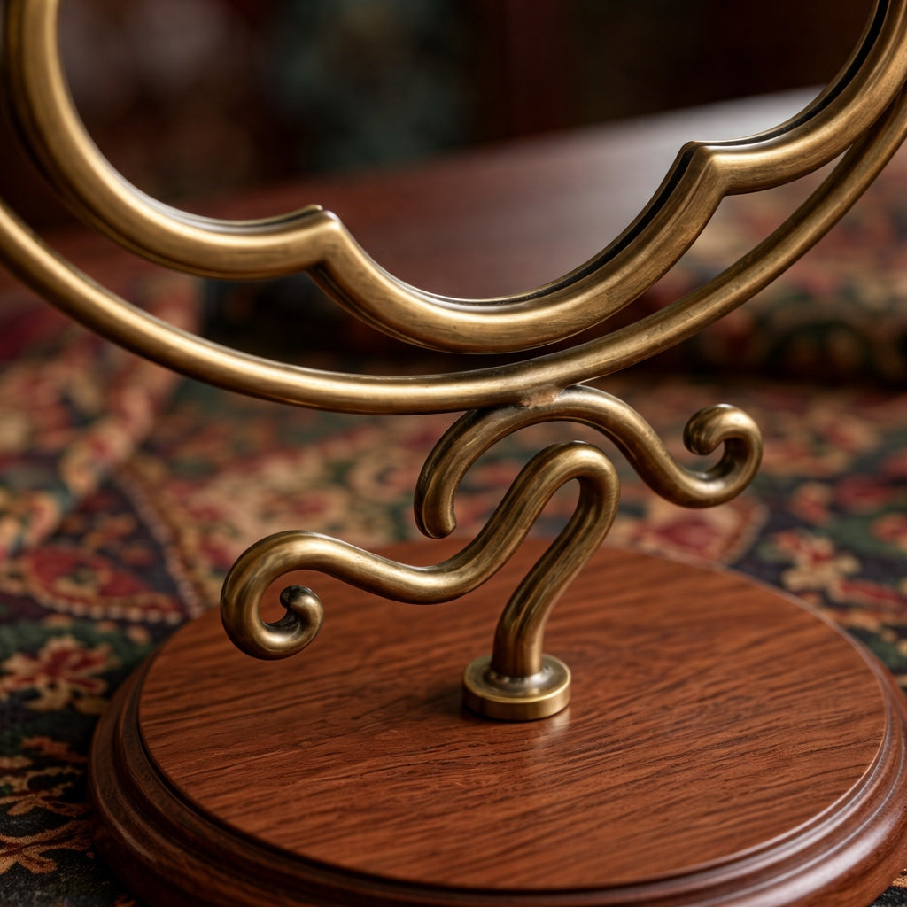 Elegant Clamshell-Shaped Vanity Mirror with Wooden Base