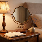 Elegant Clamshell-Shaped Vanity Mirror with Wooden Base