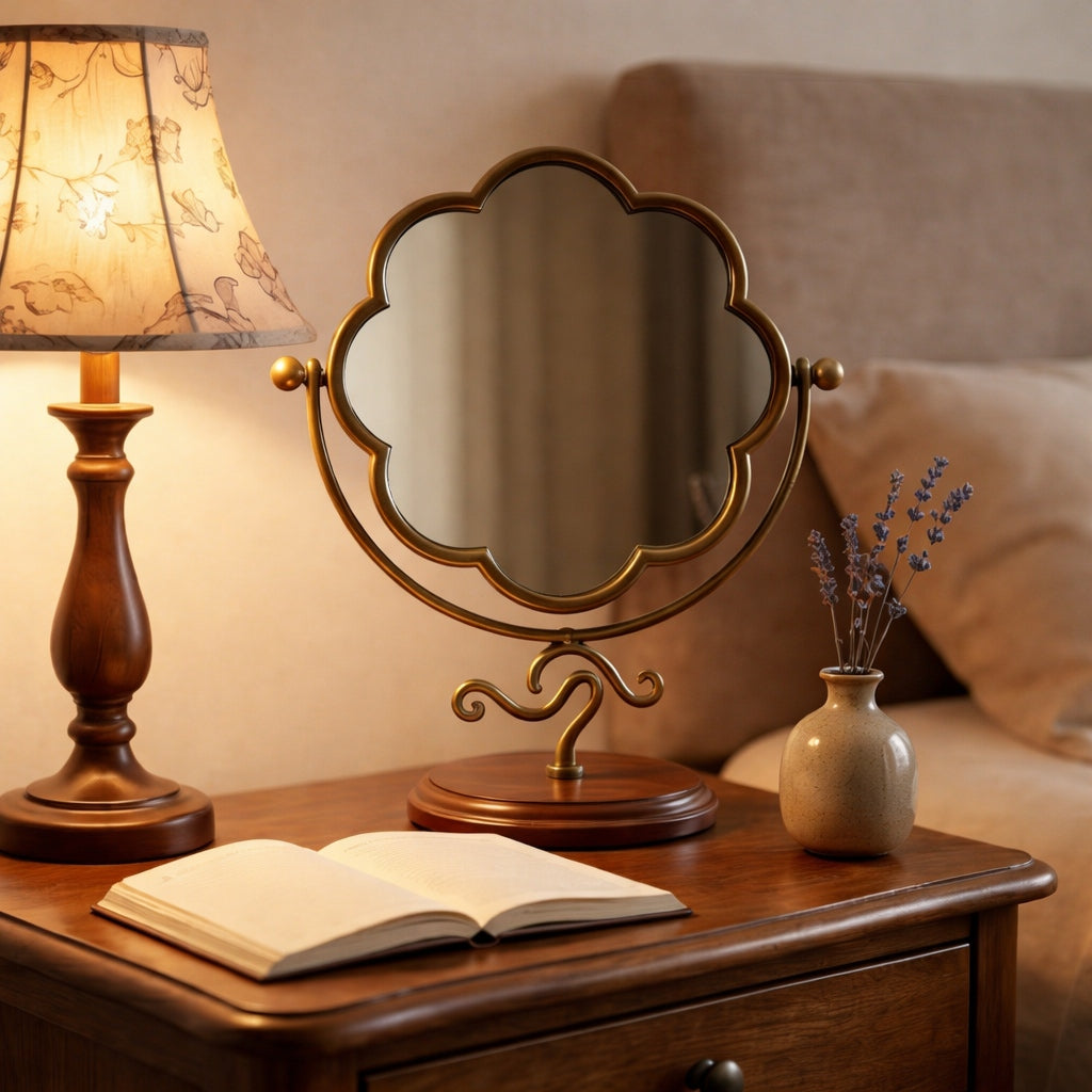 Elegant Clamshell-Shaped Vanity Mirror with Wooden Base