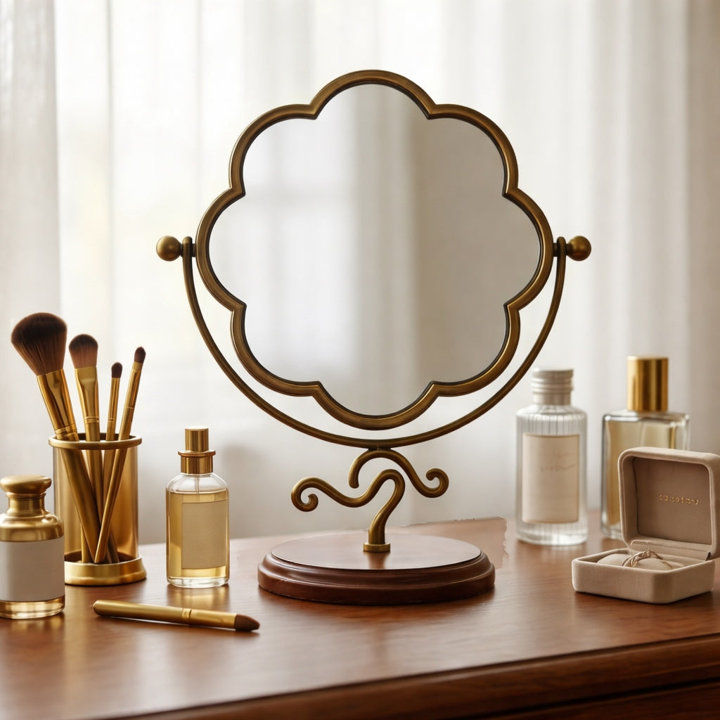 Elegant Clamshell-Shaped Vanity Mirror with Wooden Base