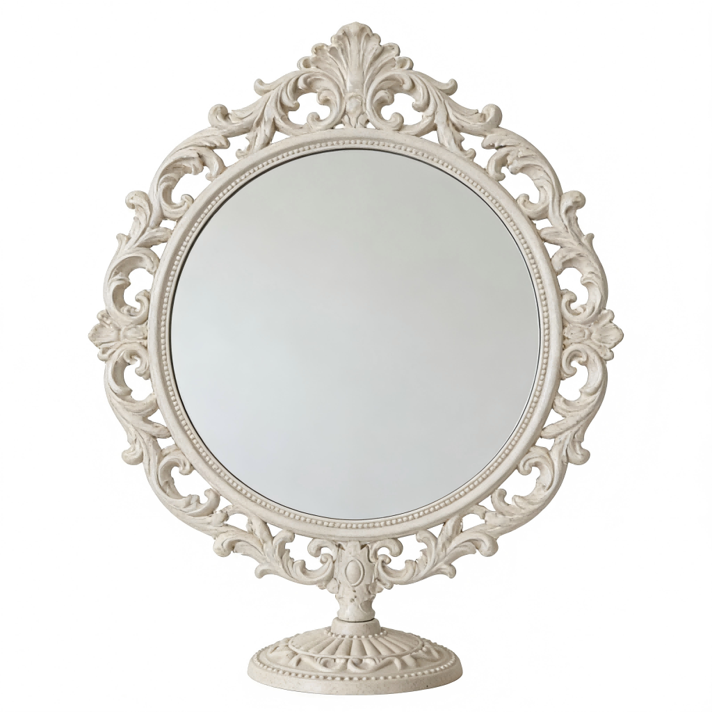 Ornate Vintage Round Mirror with Decorative Base