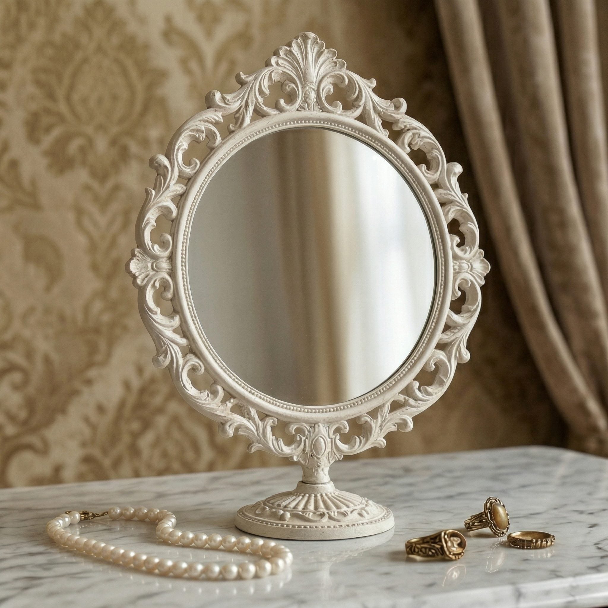 Ornate Vintage Round Mirror with Decorative Base