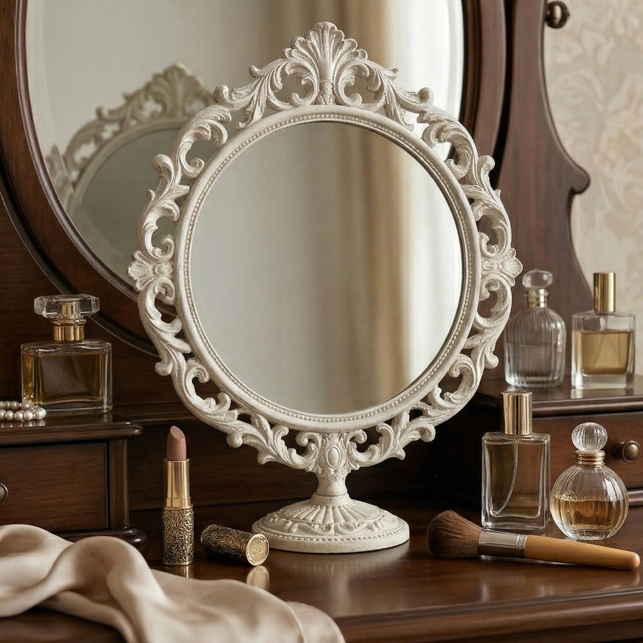 Ornate Vintage Round Mirror with Decorative Base