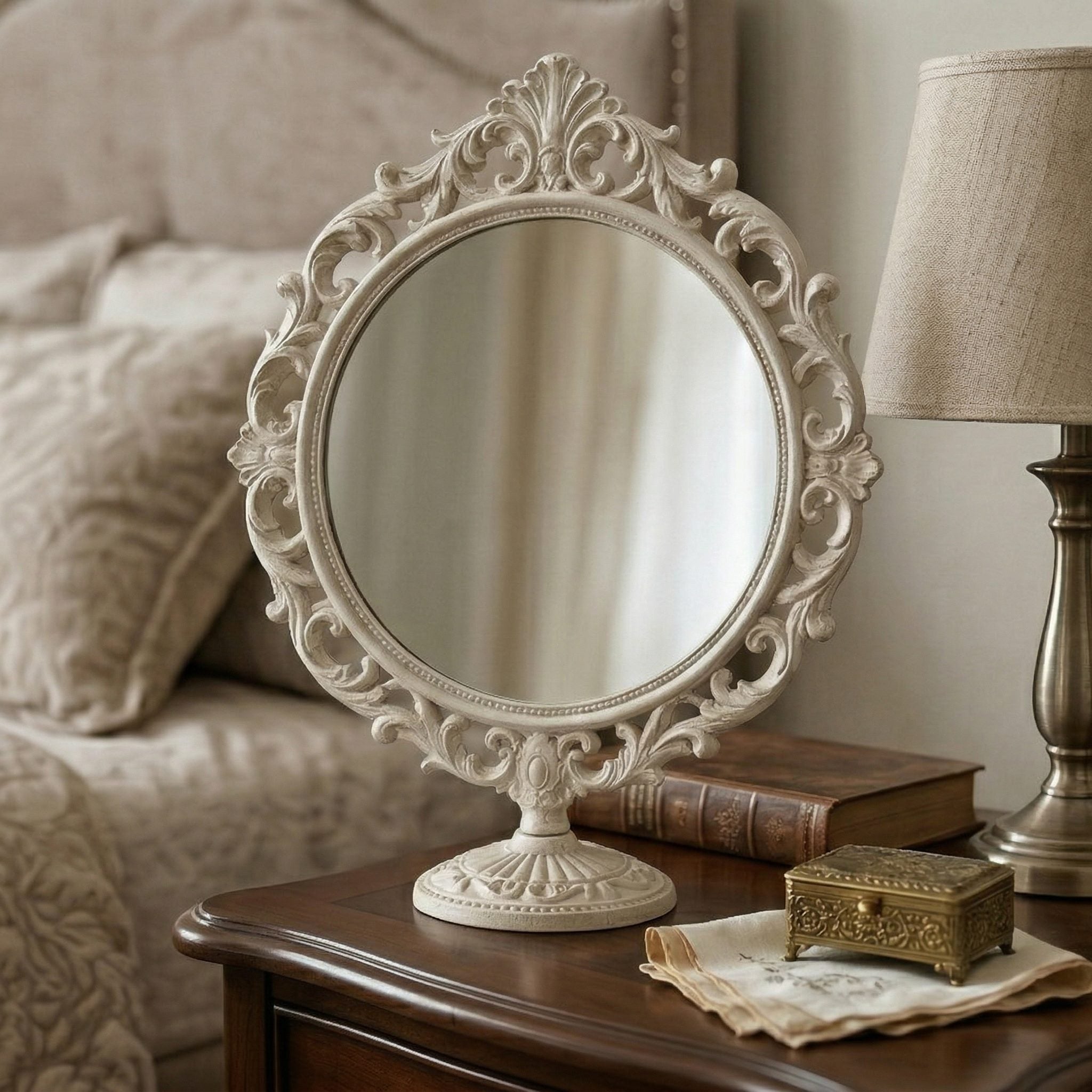 Ornate Vintage Round Mirror with Decorative Base