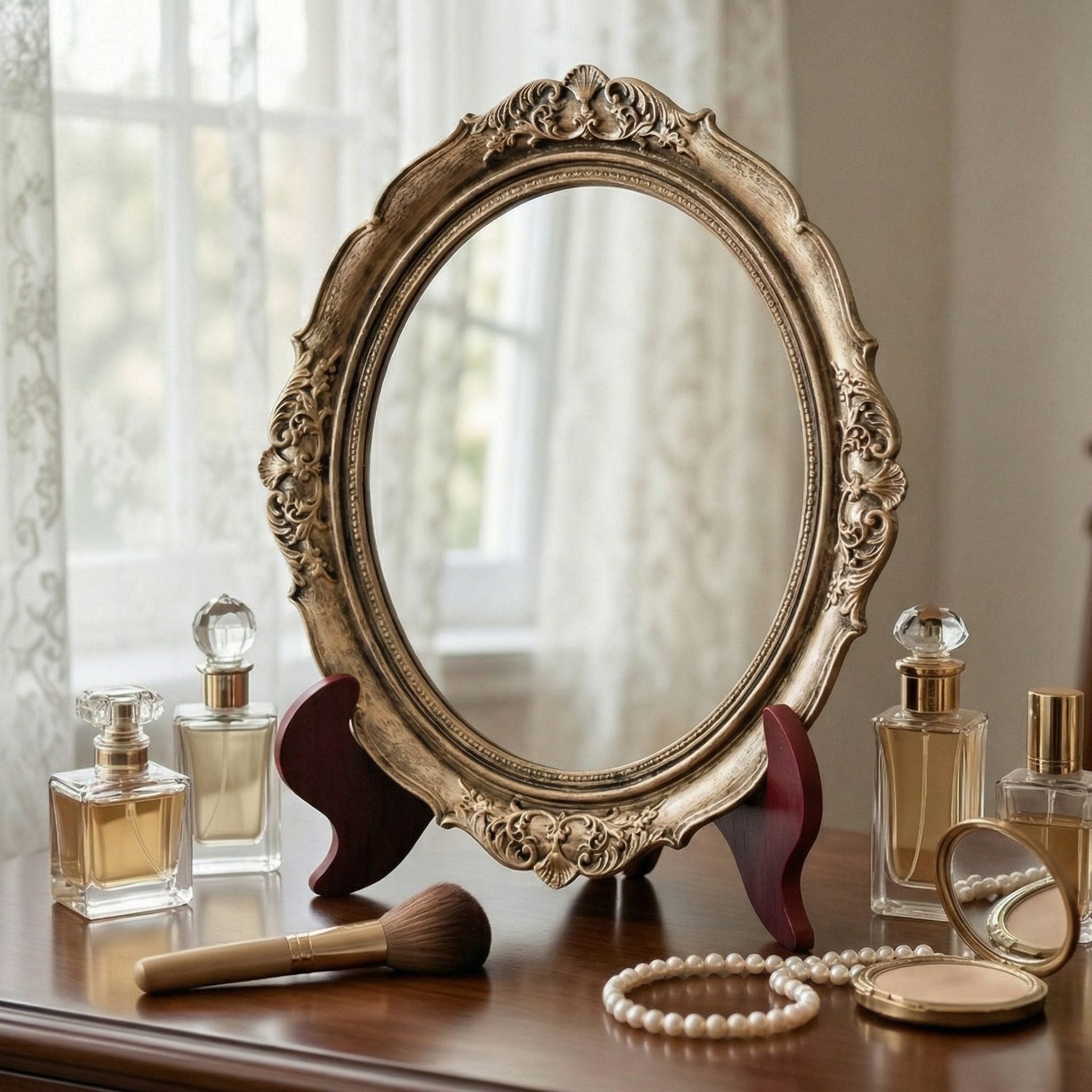 Vintage Oval Mirror with Decorative Stand