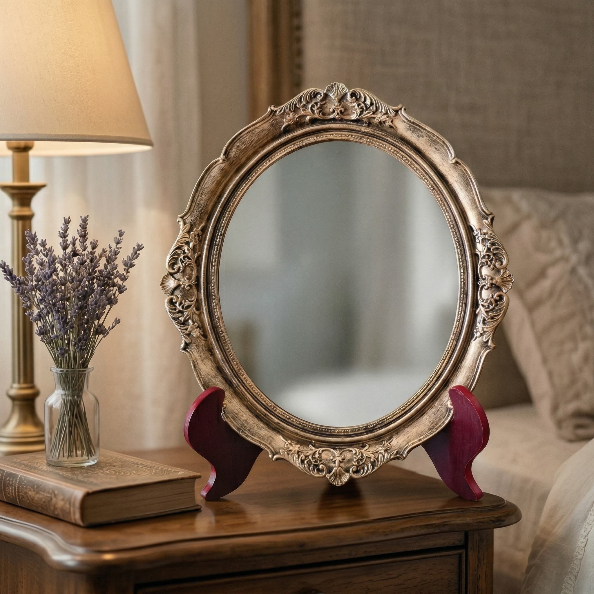 Vintage Oval Mirror with Decorative Stand