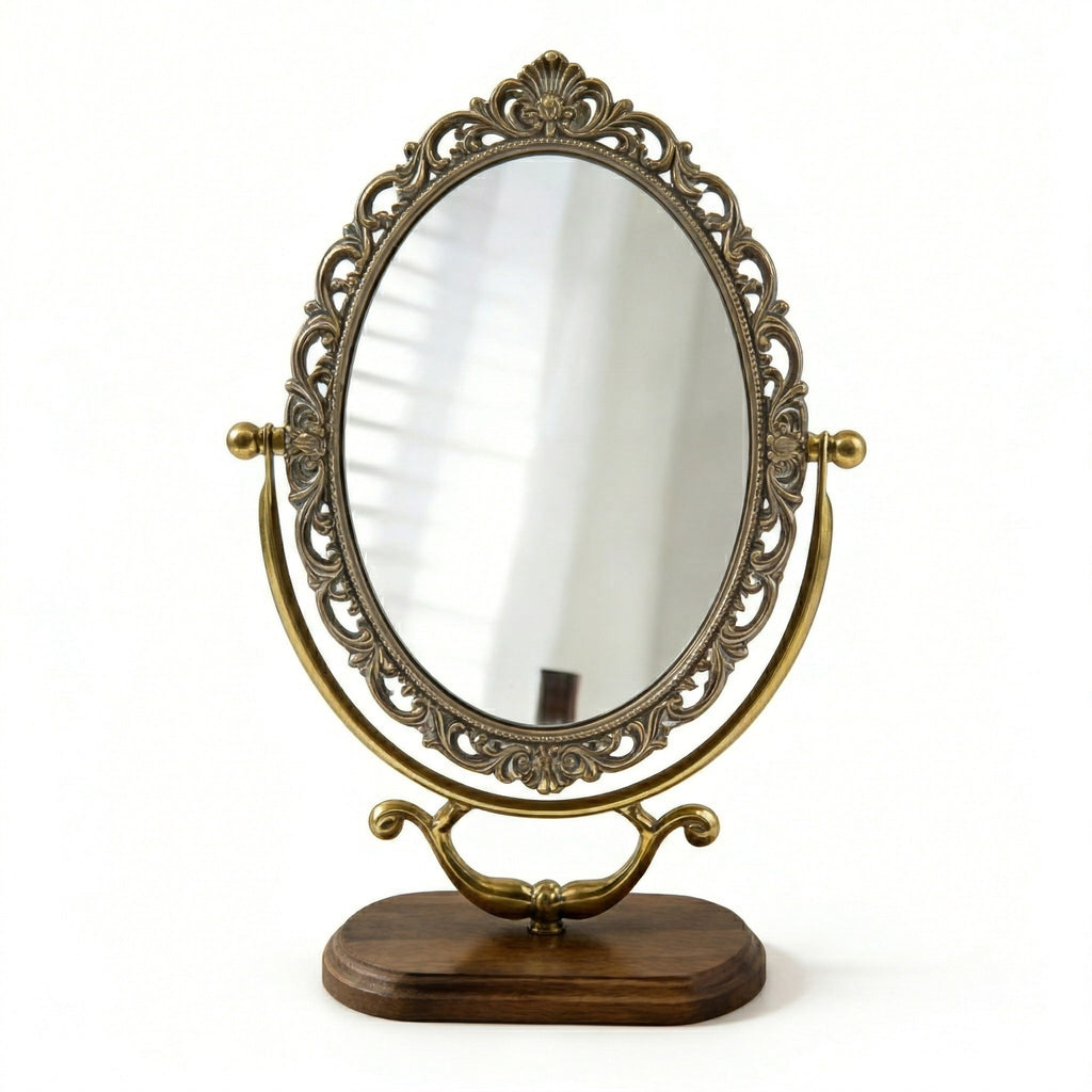 Vintage Oval Vanity Mirror with Ornate Brass Frame and Wooden Base