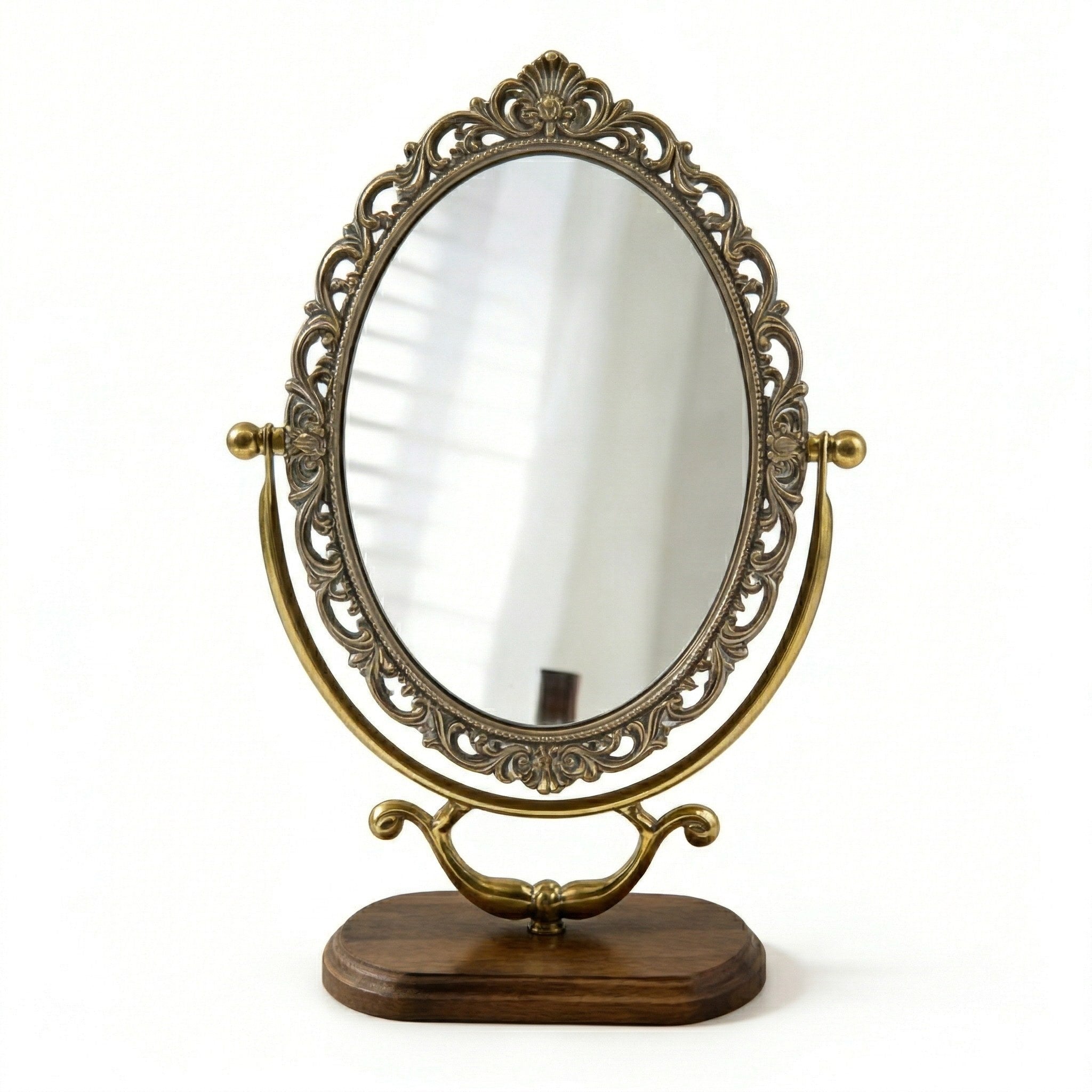 Vintage Oval Vanity Mirror with Ornate Brass Frame and Wooden Base