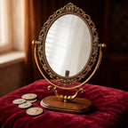 Vintage Oval Vanity Mirror with Ornate Brass Frame and Wooden Base