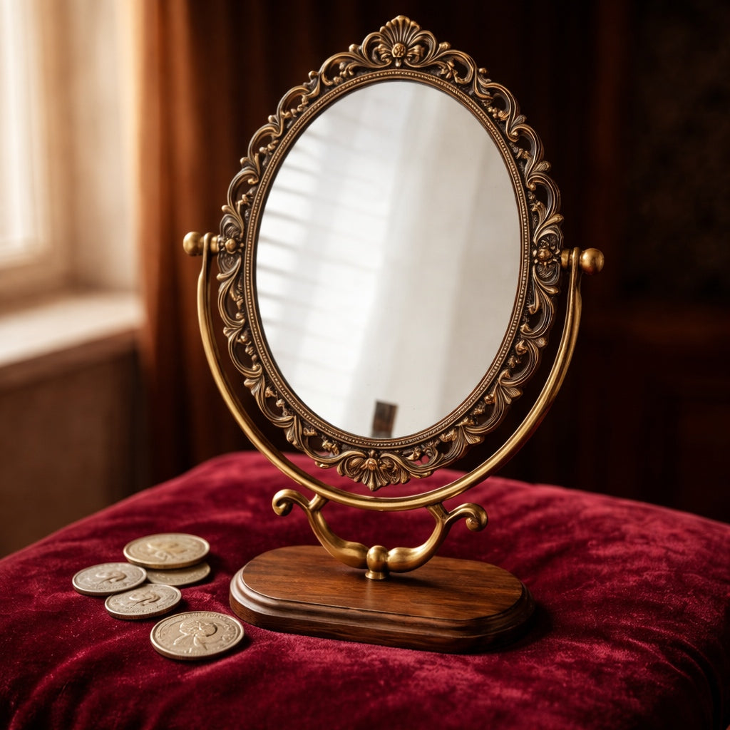 Vintage Oval Vanity Mirror with Ornate Brass Frame and Wooden Base