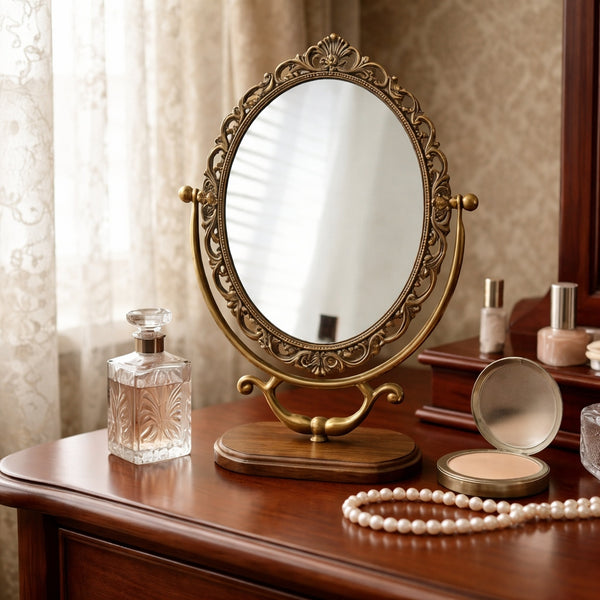 Vintage Oval Vanity Mirror with Ornate Brass Frame and Wooden Base