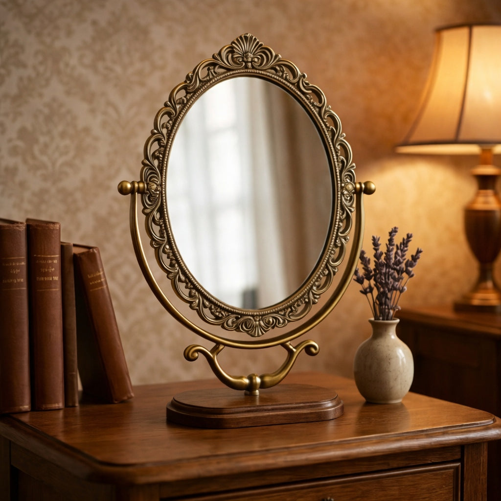 Vintage Oval Vanity Mirror with Ornate Brass Frame and Wooden Base