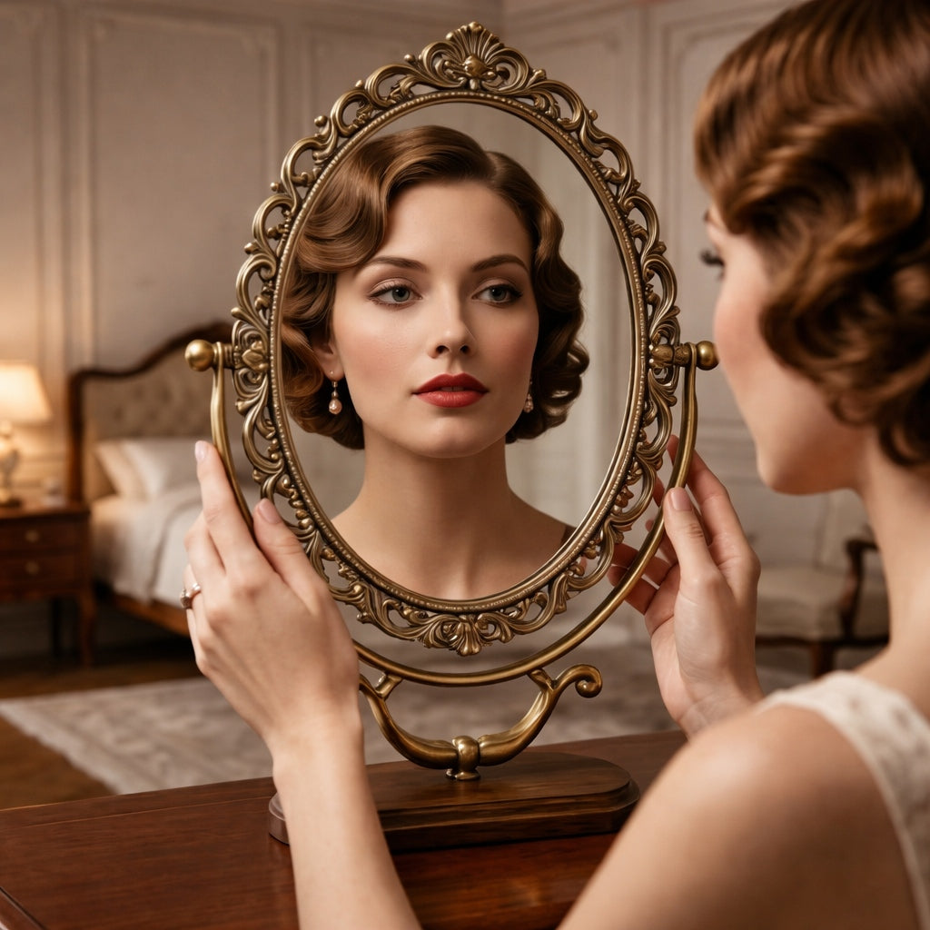 Vintage Oval Vanity Mirror with Ornate Brass Frame and Wooden Base