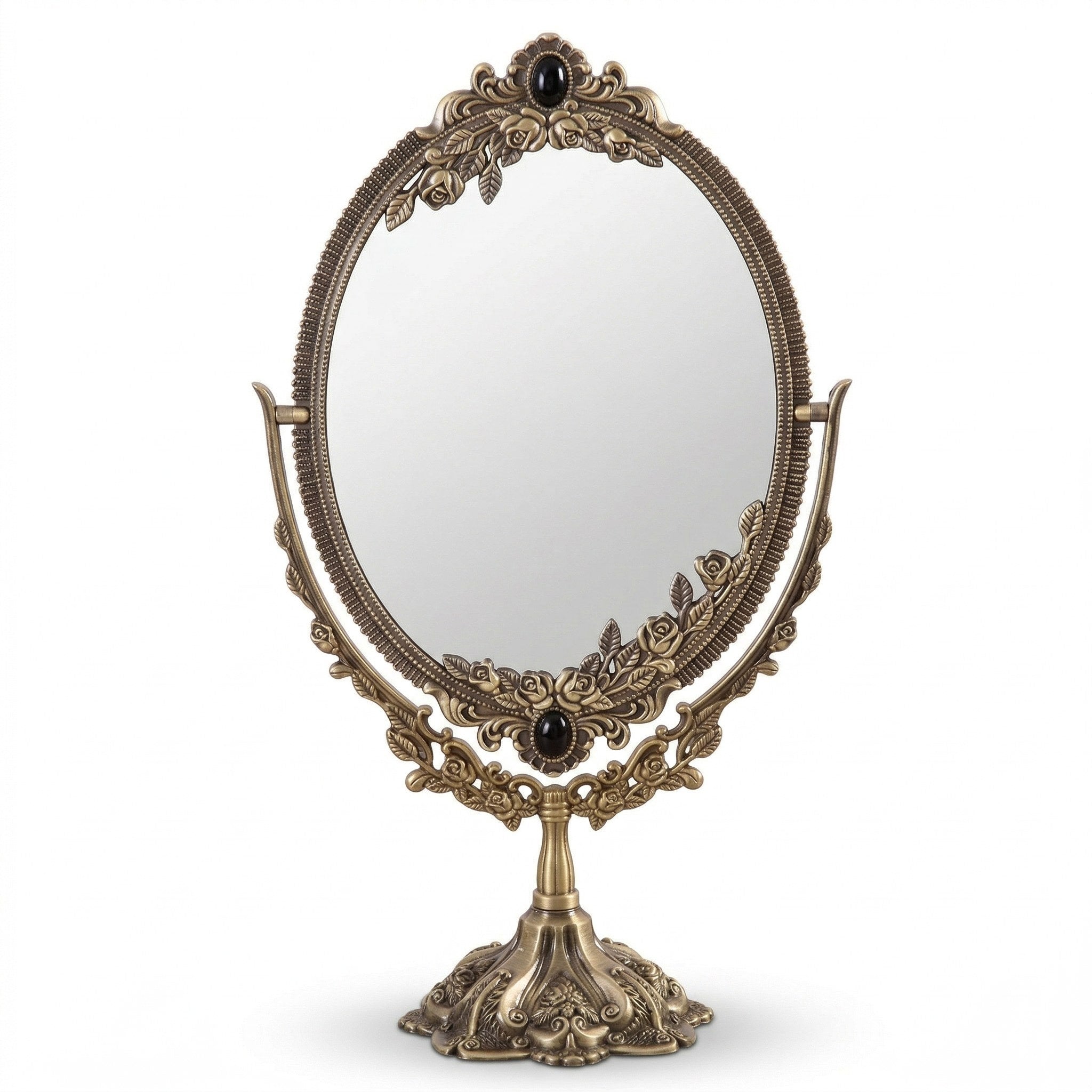 Antique-Style Oval Vanity Mirror with Floral Embellished Brass Frame
