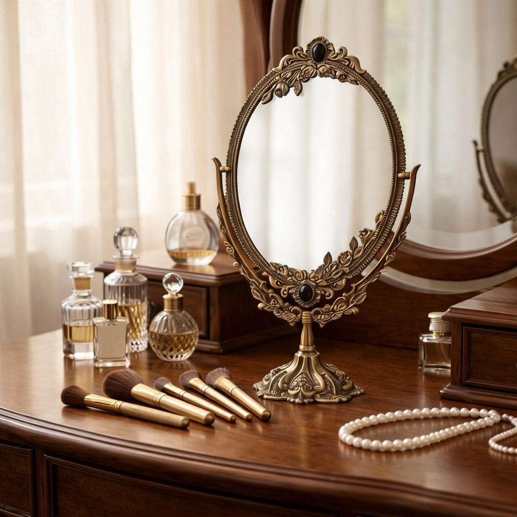 Antique-Style Oval Vanity Mirror with Floral Embellished Brass Frame