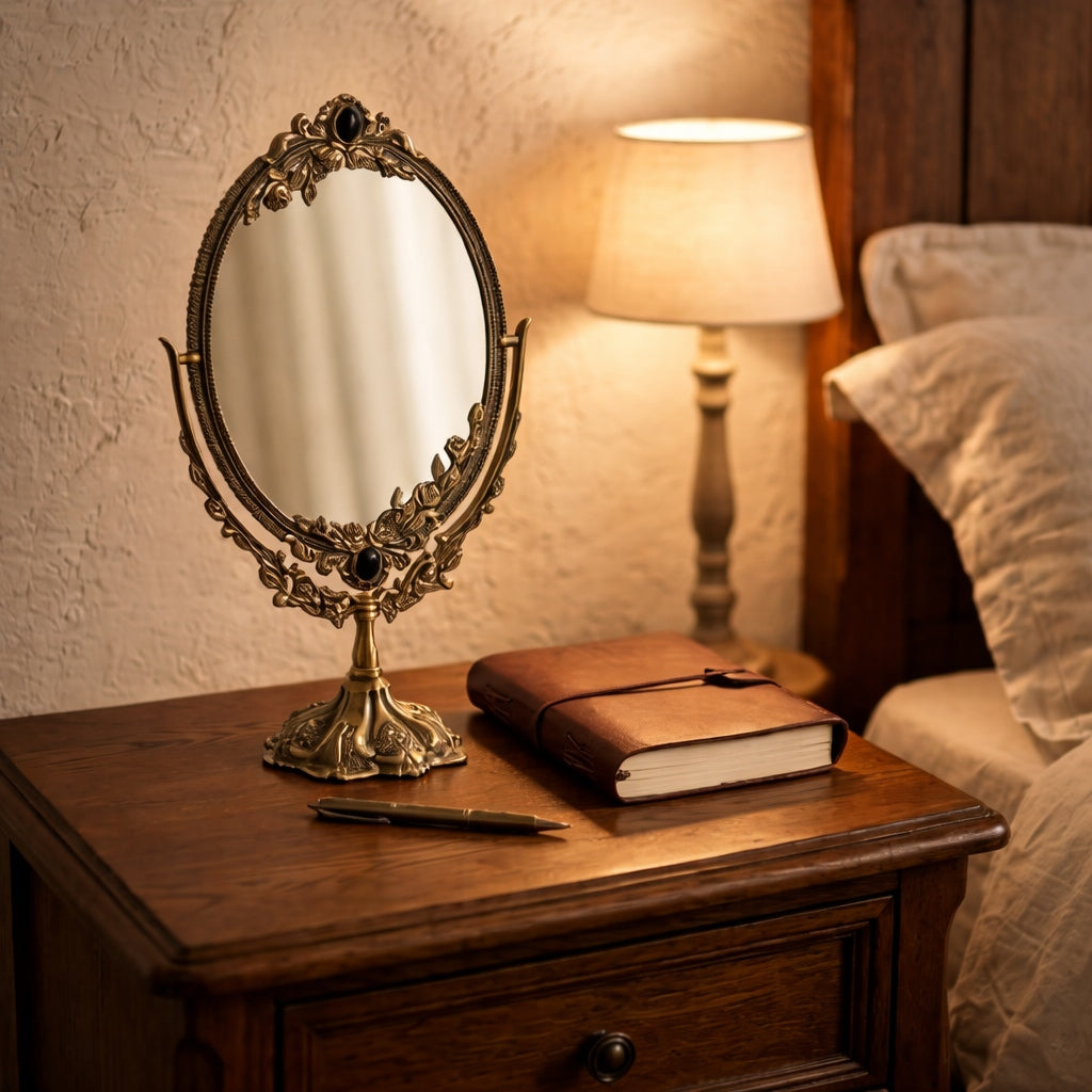 Antique-Style Oval Vanity Mirror with Floral Embellished Brass Frame