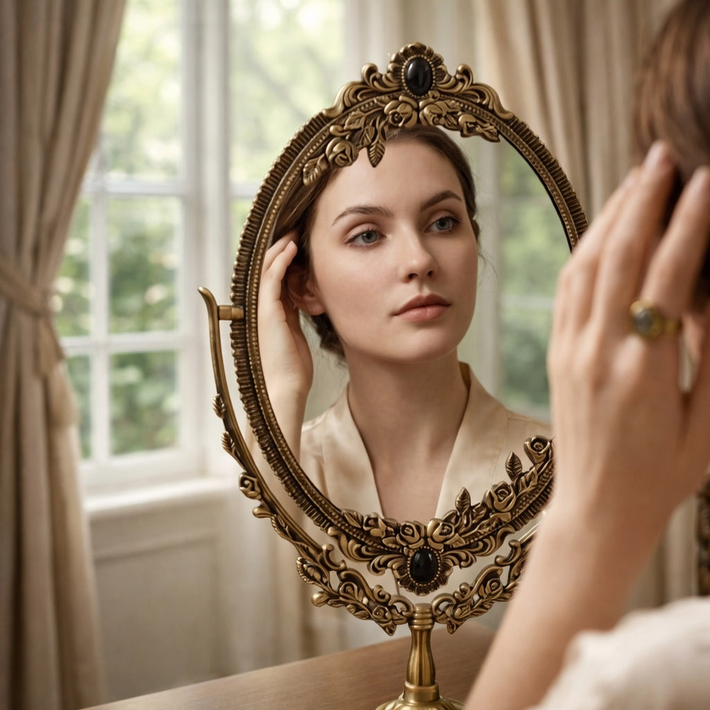 Antique-Style Oval Vanity Mirror with Floral Embellished Brass Frame