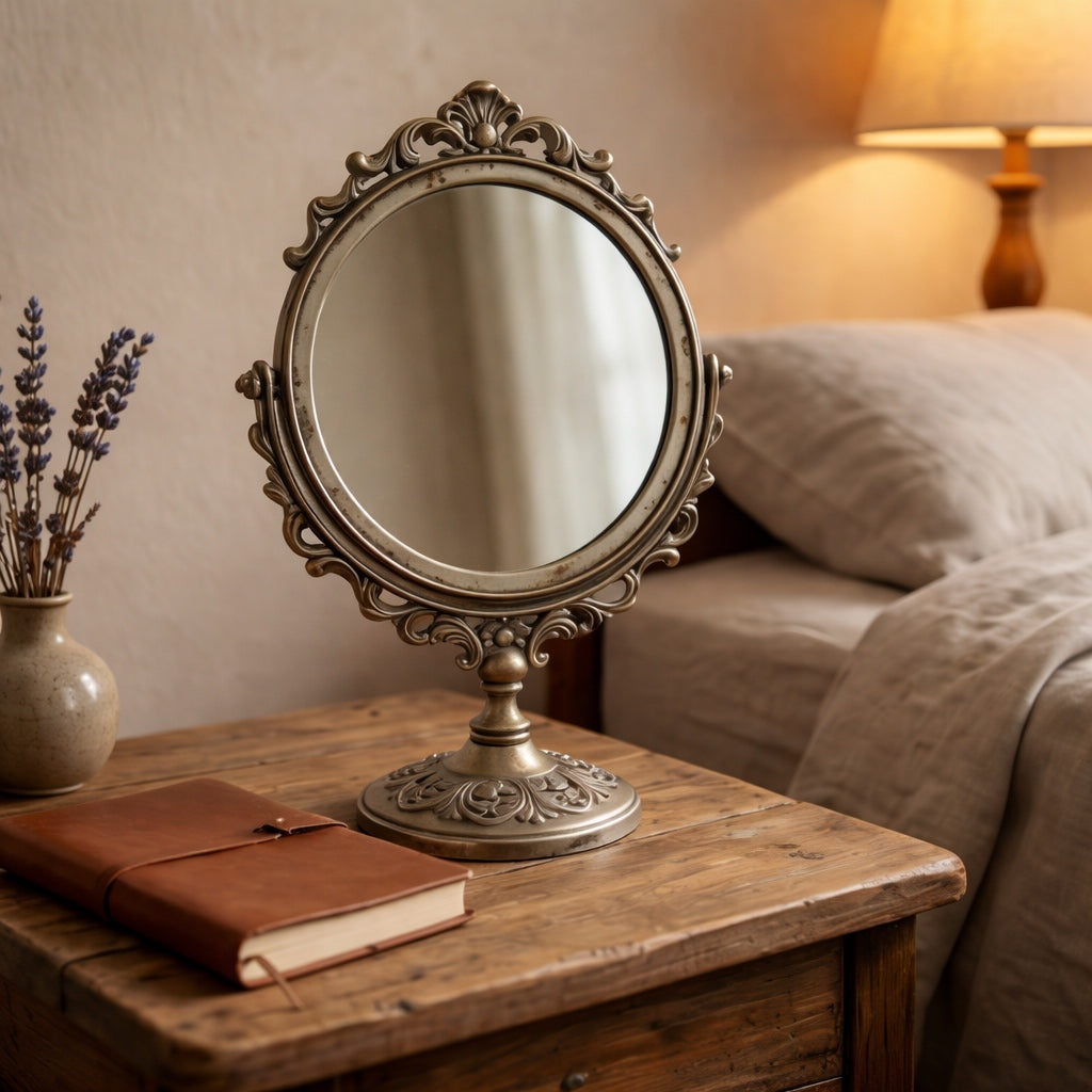 Antique-Style Oval Vanity Mirror with Ornate Brass Base