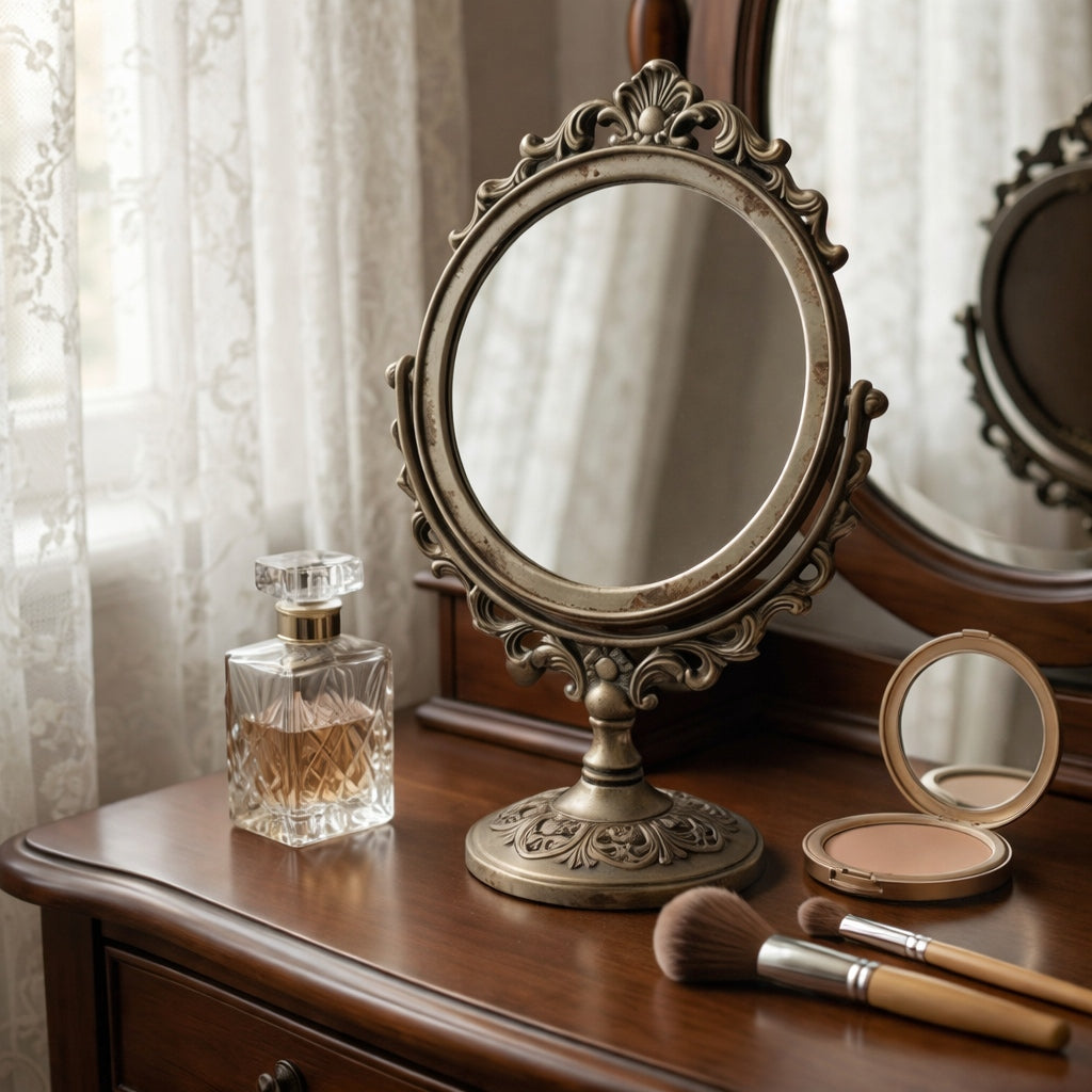 Antique-Style Oval Vanity Mirror with Ornate Brass Base