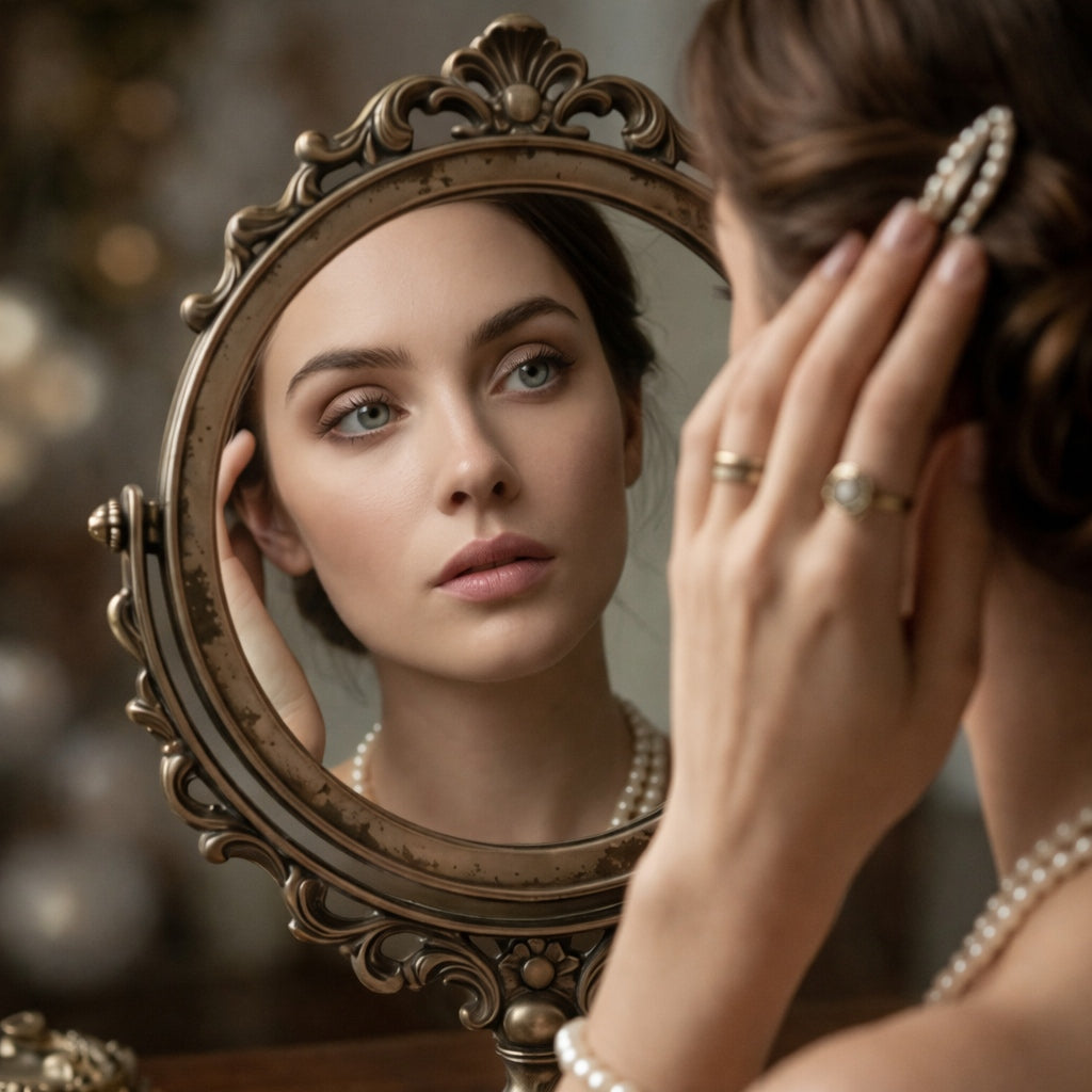 Antique-Style Oval Vanity Mirror with Ornate Brass Base