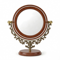 Classic Round Vanity Mirror with Wooden Base and Ornate Brass Frame
