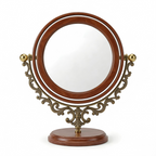 Classic Round Vanity Mirror with Wooden Base and Ornate Brass Frame