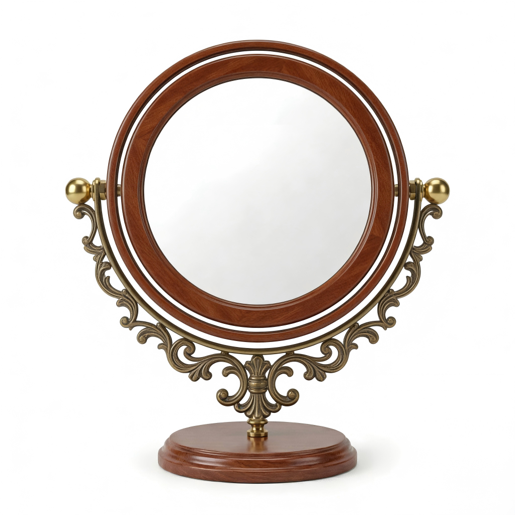 Classic Round Vanity Mirror with Wooden Base and Ornate Brass Frame