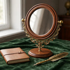 Classic Round Vanity Mirror with Wooden Base and Ornate Brass Frame