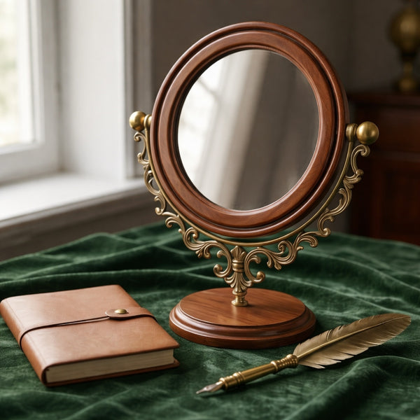 Classic Round Vanity Mirror with Wooden Base and Ornate Brass Frame
