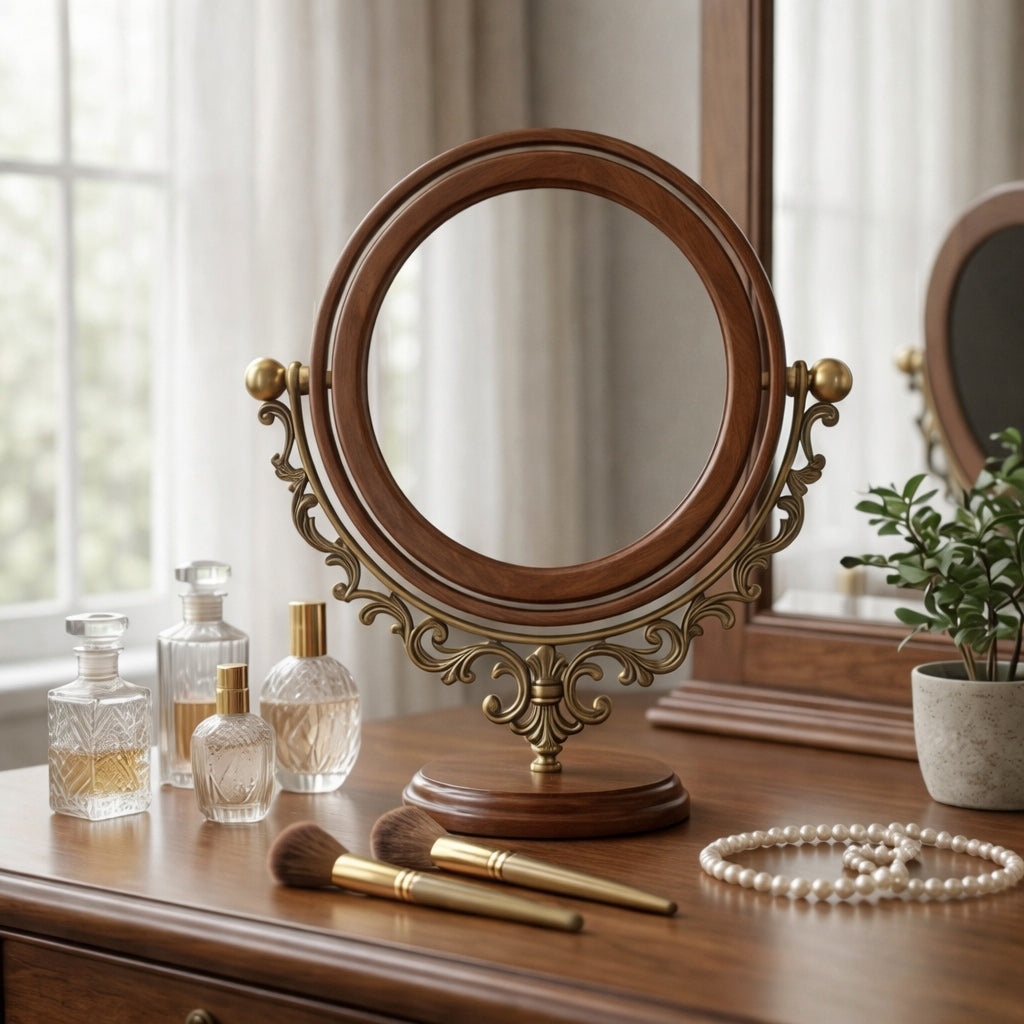 Classic Round Vanity Mirror with Wooden Base and Ornate Brass Frame