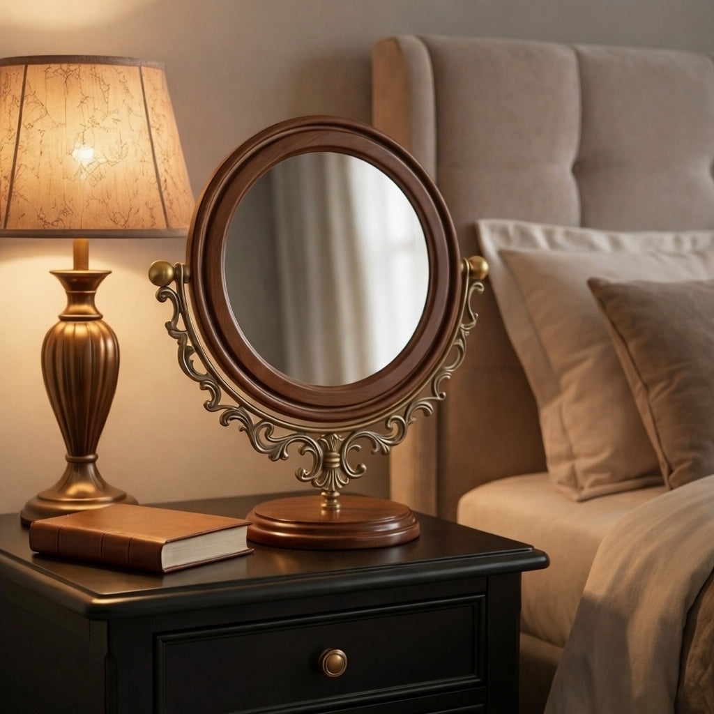 Classic Round Vanity Mirror with Wooden Base and Ornate Brass Frame